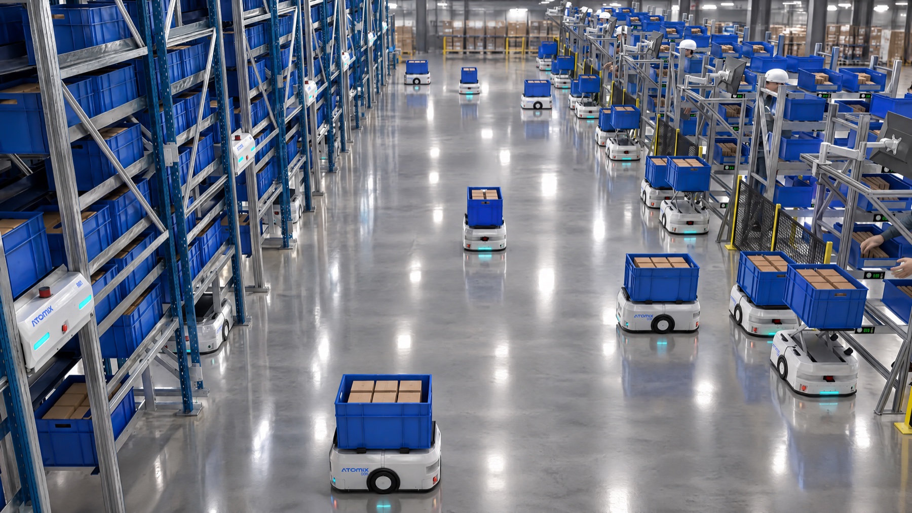 Bin robots working together in an automated warehouse