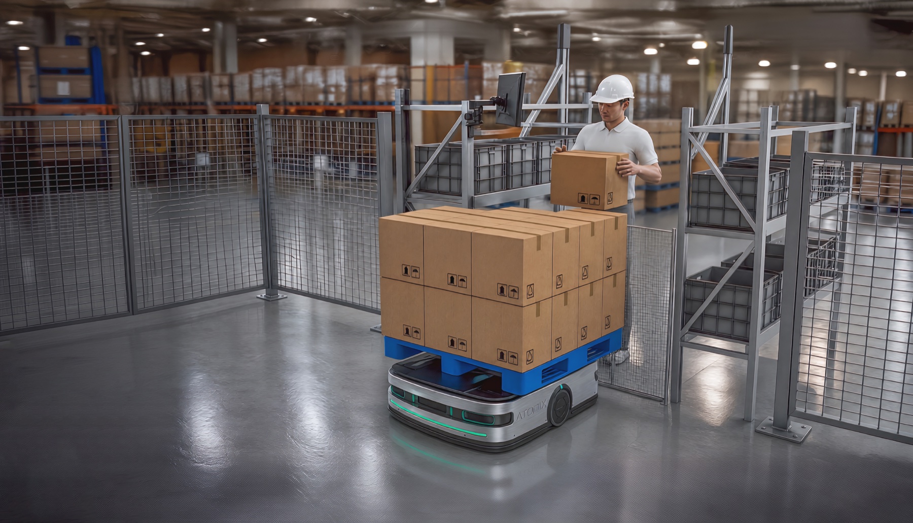 A pallet transport robot moving goods in a warehouse