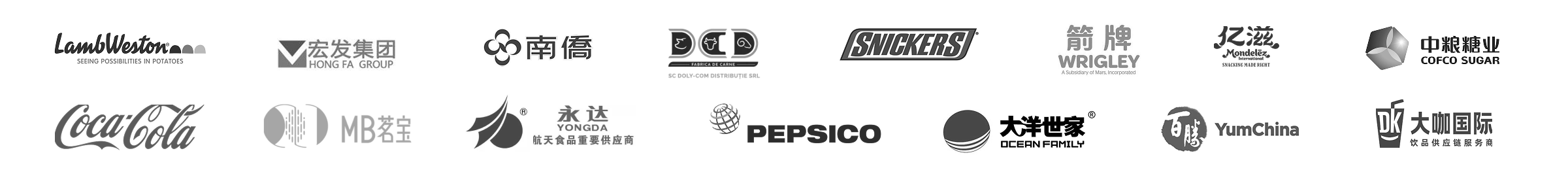 Lamb Weston, Hongfa Group, Namchow, DCD, Snickers, Wrigley, Mondelez, COFCO Sugar, Coca-Cola, MB Baoli, Yongda Foods, PEPSICO, Ocean Family, YumChina, Daka International