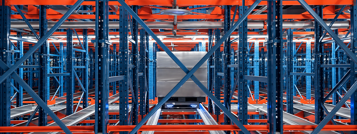 An ATOMIX Pallet AMR moving goods in a food warehouse