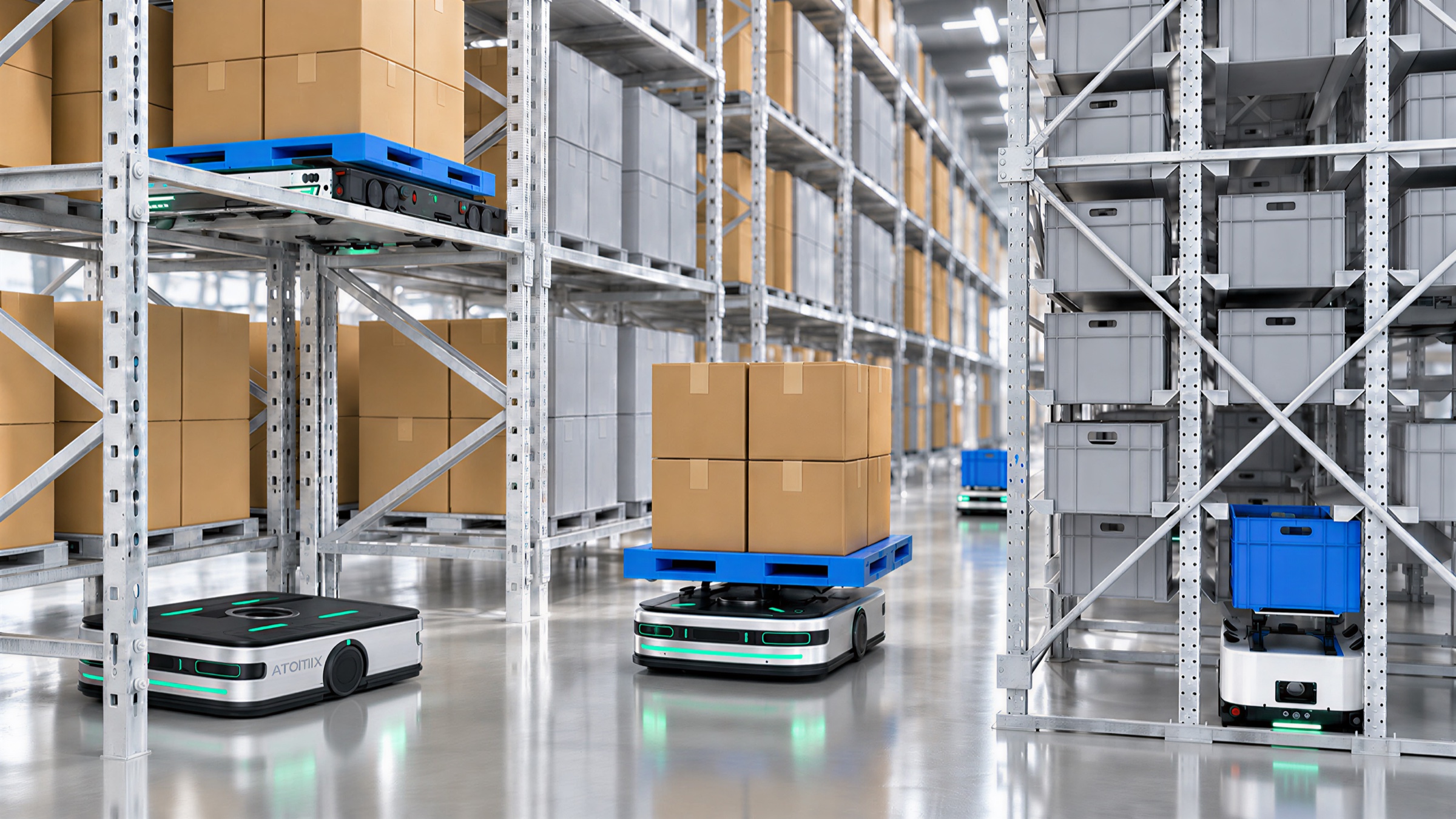 Robots, pallets and bins working together in a high-density warehouse