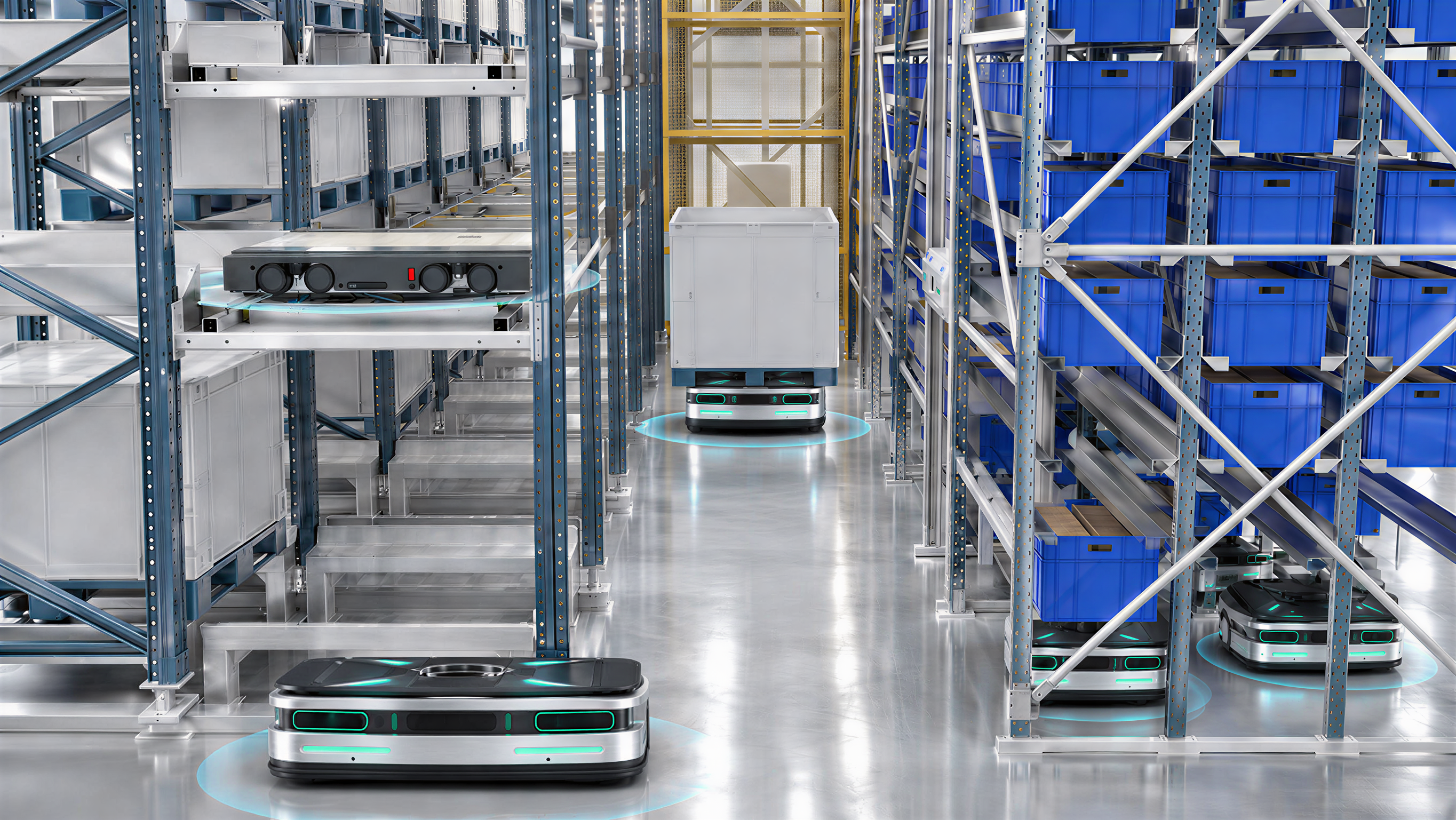 A Pallet AMR lifting a pallet in a rack aisle
