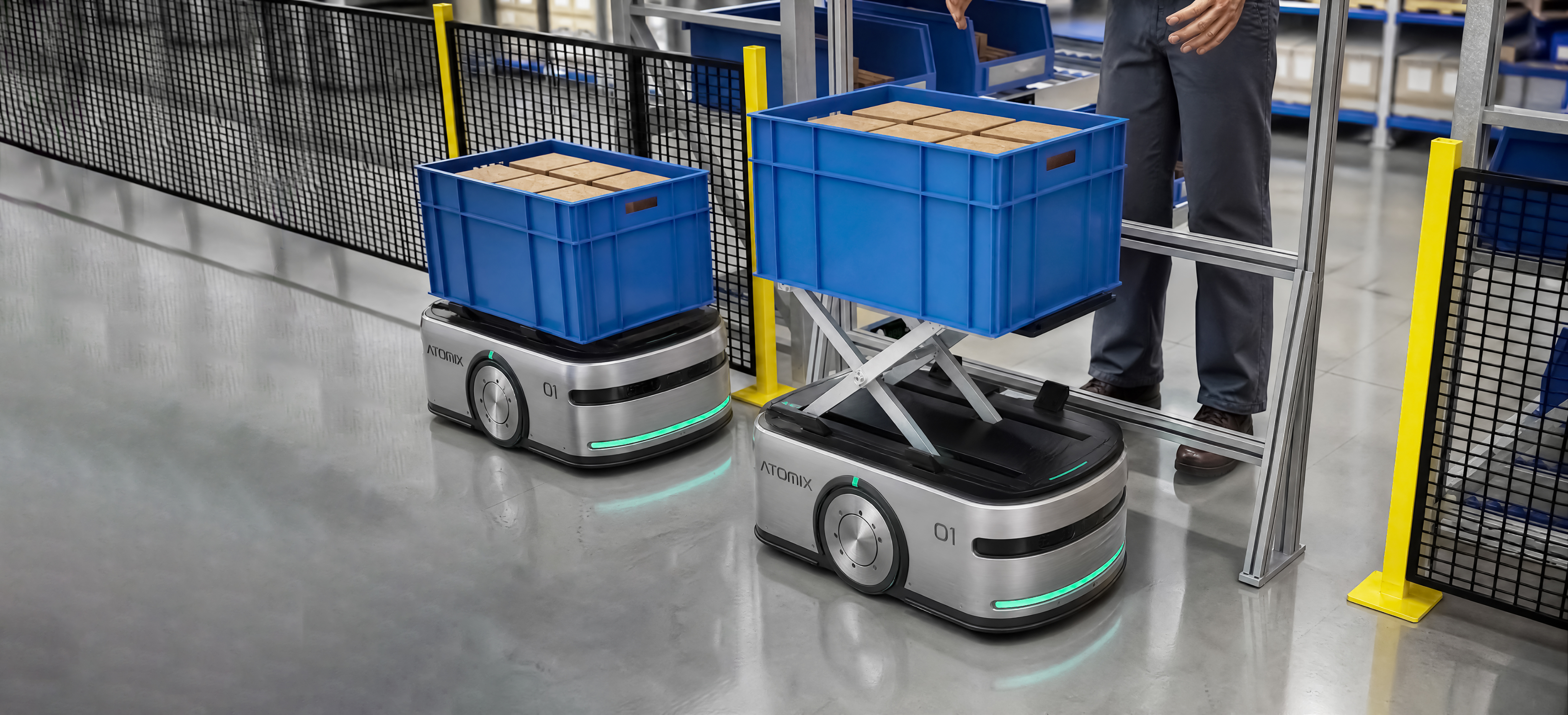 A Bin AMR carrying blue bins in an automated warehouse