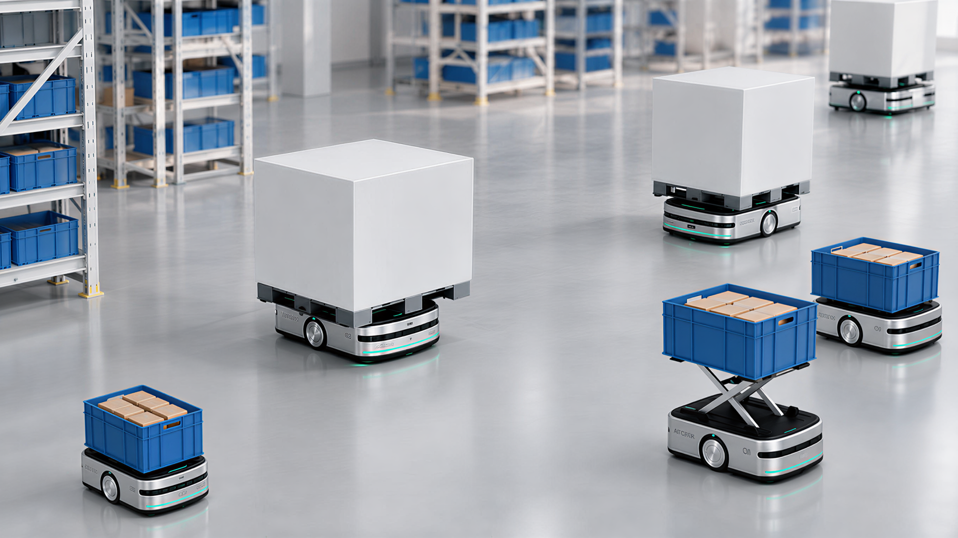 Multiple Bin AMRs moving small and medium items in a storage area