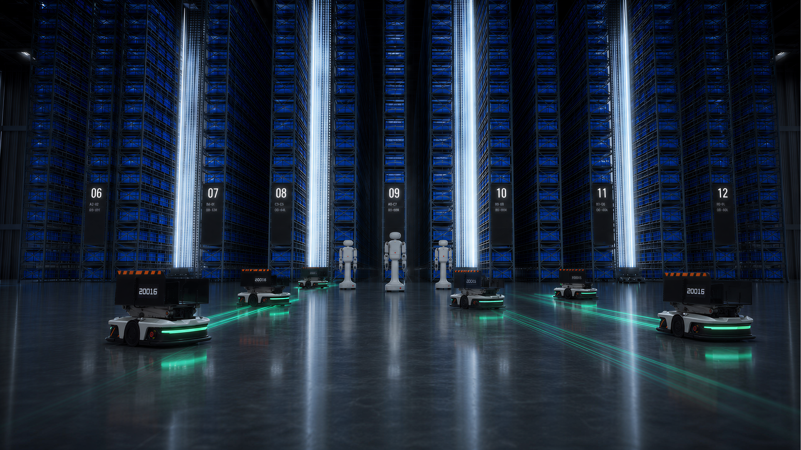 Logistics robots and humanoid robots operating together in a high-density bin warehouse