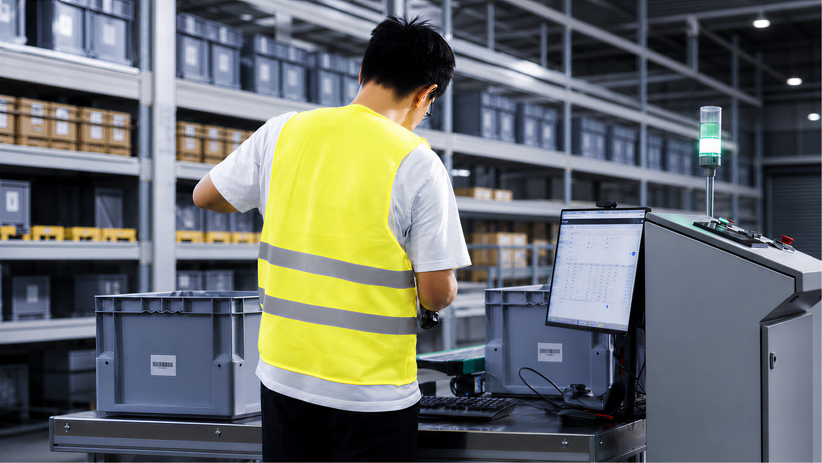 A warehouse operator picking from bins at a smart workstation